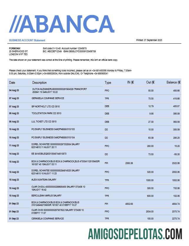 Imprimível Abanca Bank Firm modelo de extrato de conta Word e PDF